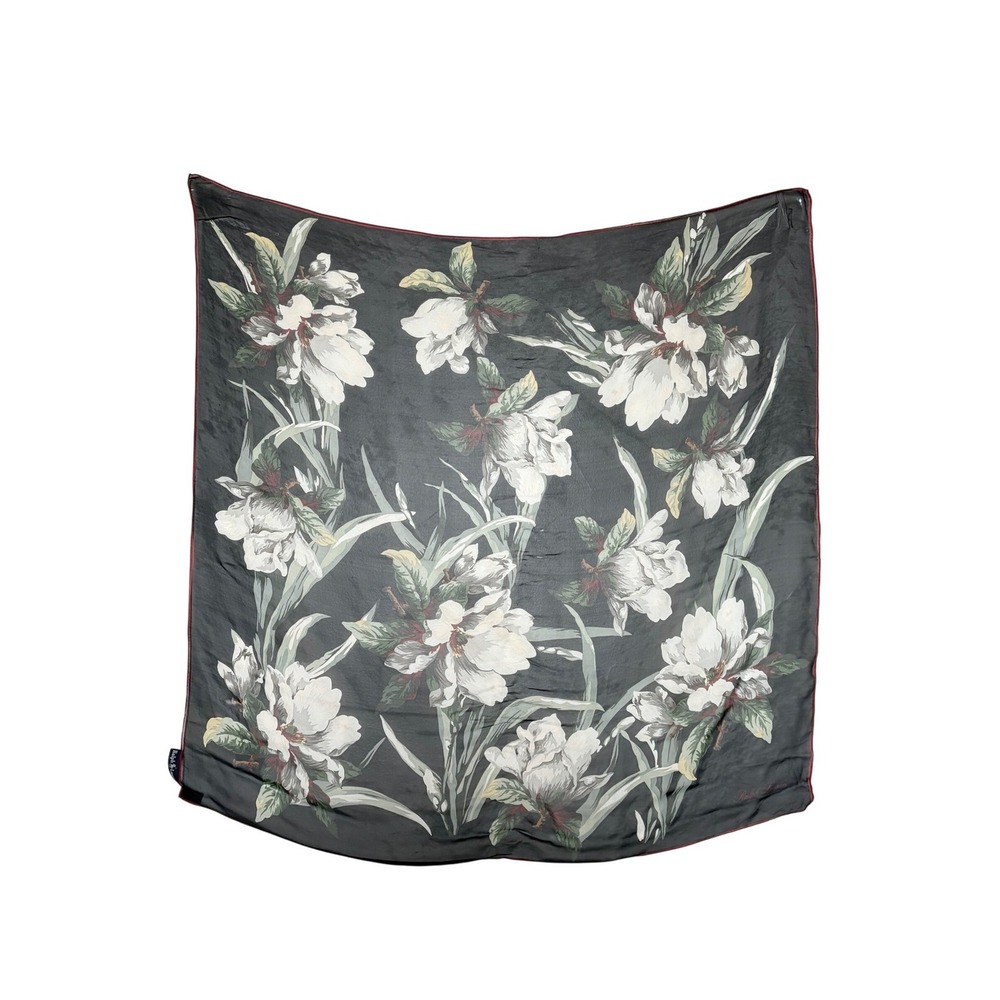 Ralph Lauren Black Sheer Silk Scarf White‎ Floral Magnolia Made in Japan 34 x 34